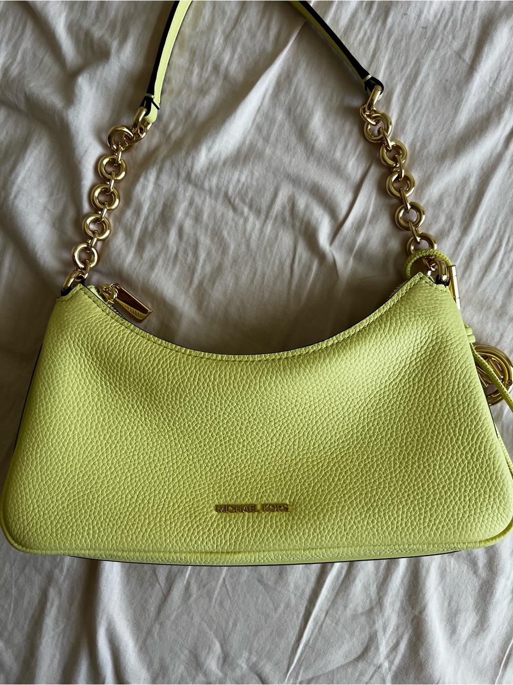 Michael Kors Neon Yellow Pebbled Leather Shoulder Bag with Gold Chain